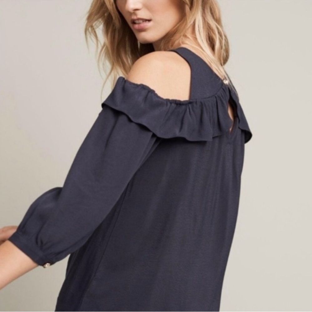 Anthropologie Maeve Navy Cold Shoulder Ruffle Top Romantic Coquette Size 2 & 4 - Picture 2 of 10
